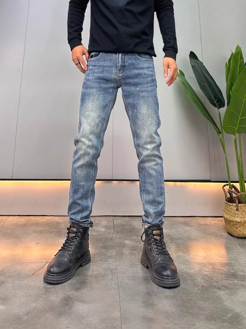 Trendy Brand Ripped Jeans for Men, Spring and Autumn New Korean Style Trendy Splatter Pants, Slim Fit Cropped Pants for Men