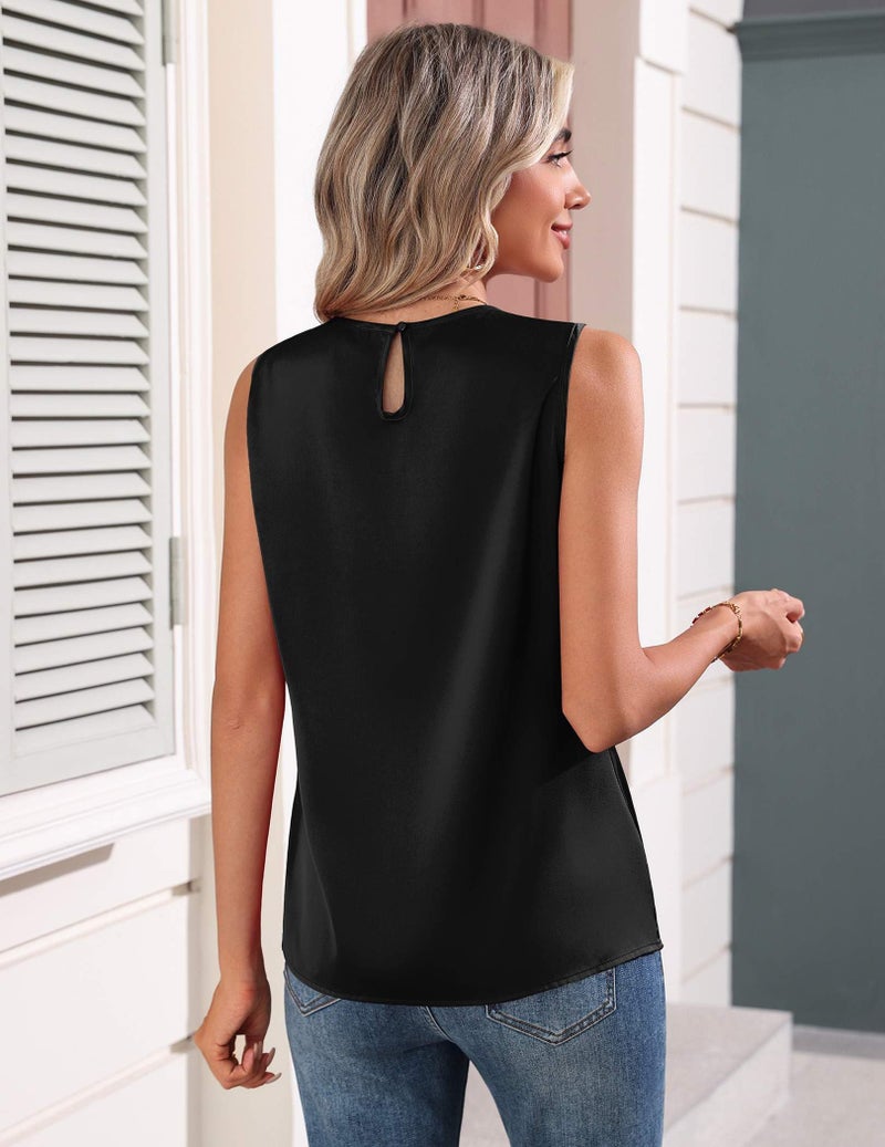 Zeagoo Black Tank Top Woman Crew Neck Dressy Casual Silk Satin Camisole Tops Summer Basic Sleeveless Outfits for Women - Image 2