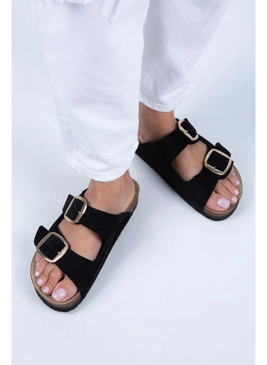 Manijero Manjero Irene Women's Leather Double Buckle Black Suede - Gold Slippers