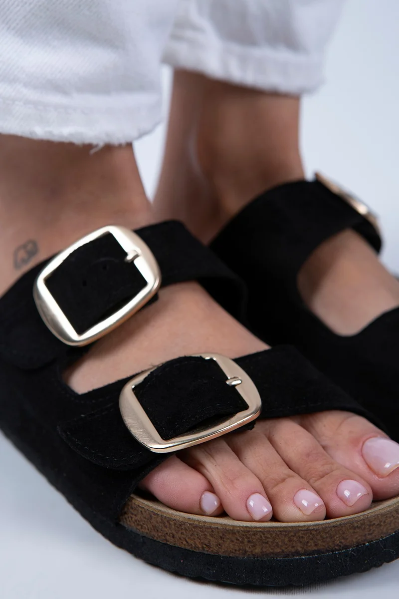 مانجيرو Manjero Irene Women's Leather Double Buckle Black Suede - Gold Slippers