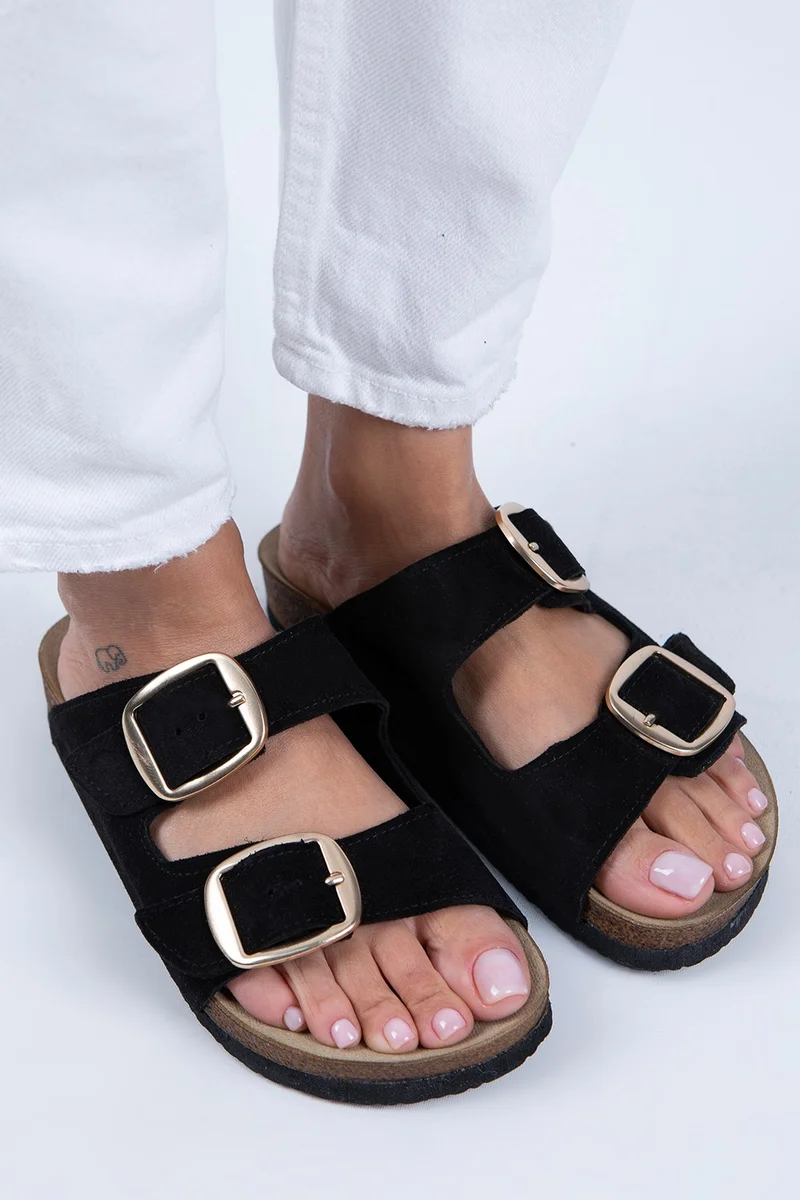 مانجيرو Manjero Irene Women's Leather Double Buckle Black Suede - Gold Slippers