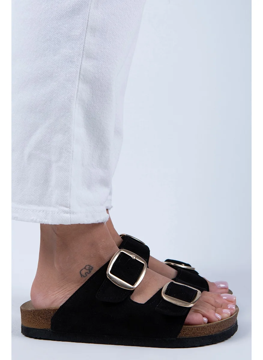 Manijero Manjero Irene Women's Leather Double Buckle Black Suede - Gold Slippers