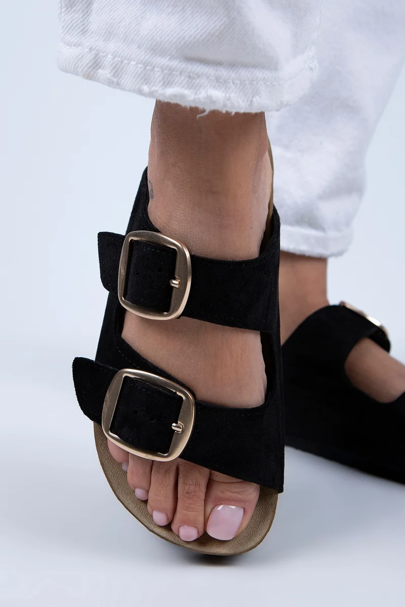 مانجيرو Manjero Irene Women's Leather Double Buckle Black Suede - Gold Slippers