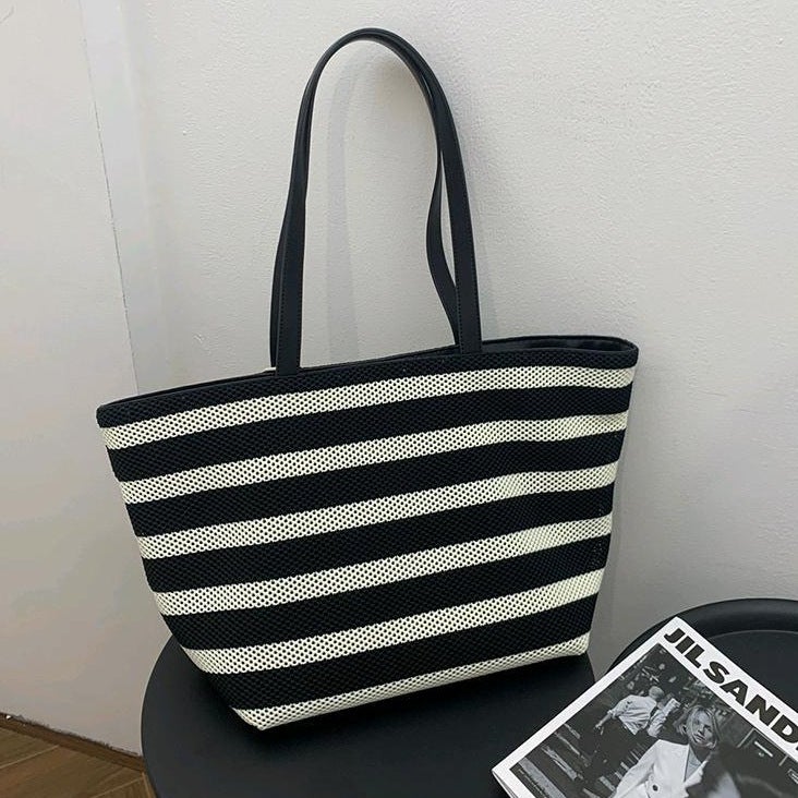 Niche Striped Hollow Woven Bag Cowhide Large Bag Women'S Large Capacity Tote Bag Portable Shoulder Underarm Bag Beach Bag - Image 5