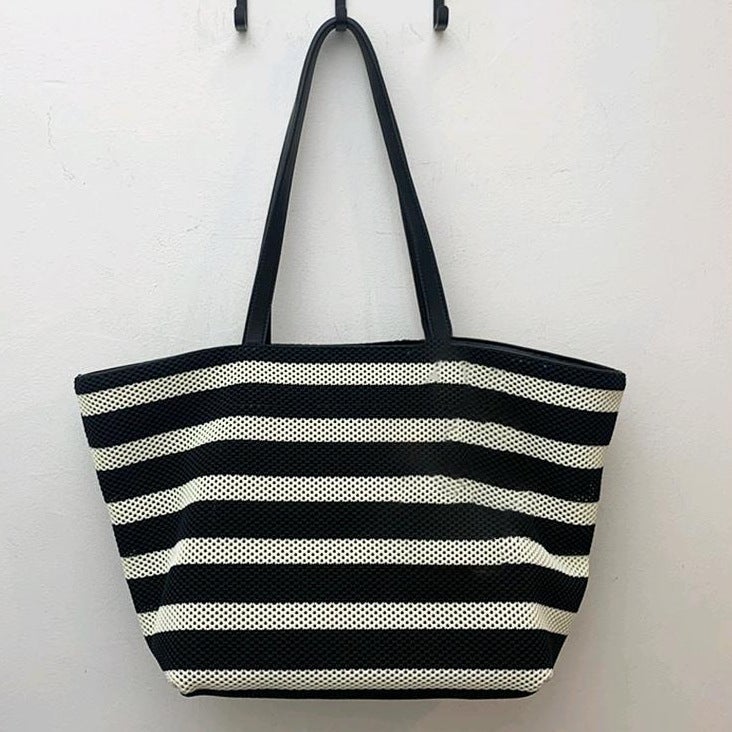 Niche Striped Hollow Woven Bag Cowhide Large Bag Women'S Large Capacity Tote Bag Portable Shoulder Underarm Bag Beach Bag - Image 2