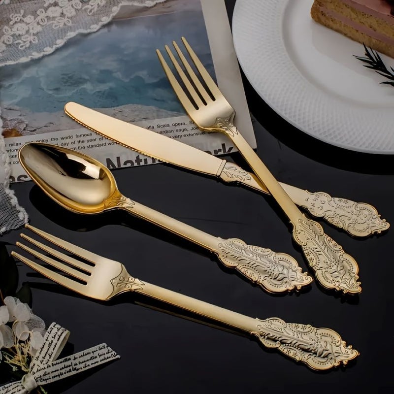 مجموعة أدوات مائدة بلاستيكية ذهبية كلاسيكية مكونة من 30 قطعة (سكين، شوكة، ملعقة) - Image 5