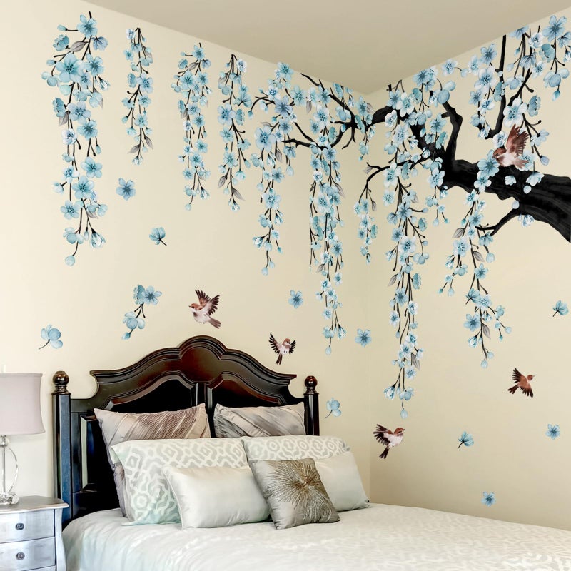 Runtoo Large Cherry Blossom Tree Wall Stickers Peel and Stick Blue Floral Wall Art Decals for Living Room Bedroom Nursery Flower Decor - Image 4