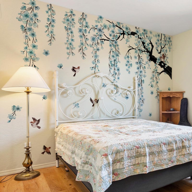 Runtoo Large Cherry Blossom Tree Wall Stickers Peel and Stick Blue Floral Wall Art Decals for Living Room Bedroom Nursery Flower Decor - Image 1