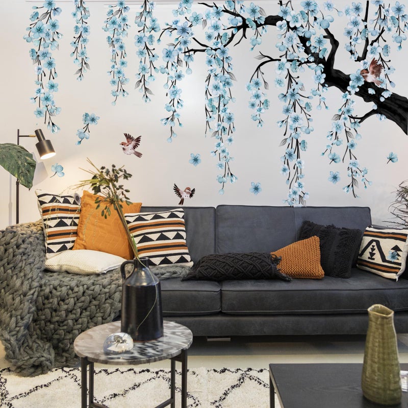 Runtoo Large Cherry Blossom Tree Wall Stickers Peel and Stick Blue Floral Wall Art Decals for Living Room Bedroom Nursery Flower Decor - Image 2