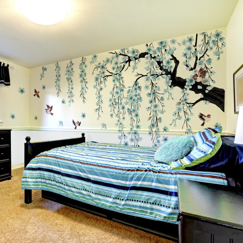 Runtoo Large Cherry Blossom Tree Wall Stickers Peel and Stick Blue Floral Wall Art Decals for Living Room Bedroom Nursery Flower Decor - Image 5