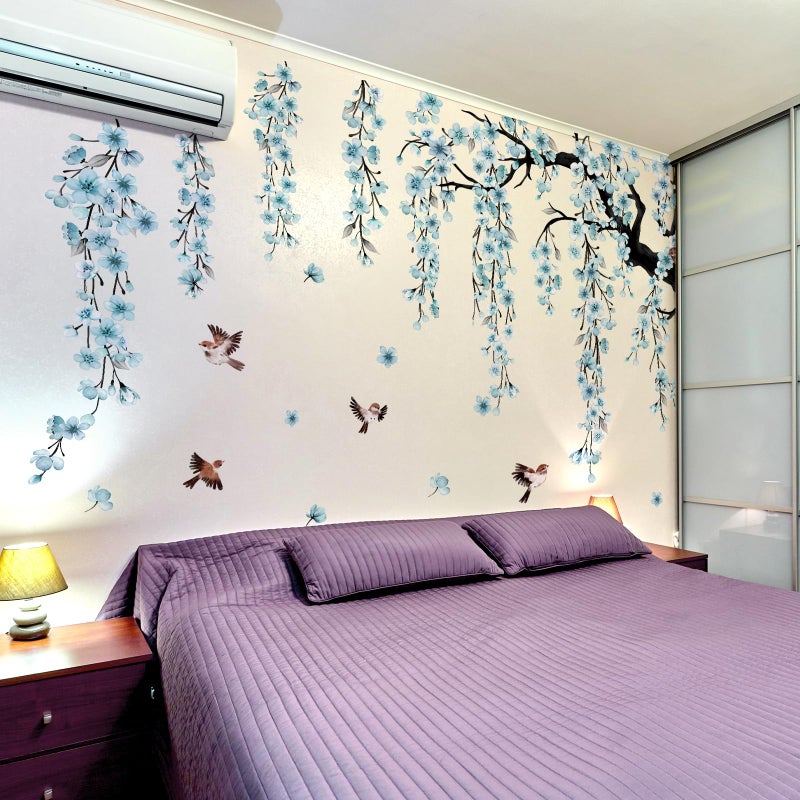 Runtoo Large Cherry Blossom Tree Wall Stickers Peel and Stick Blue Floral Wall Art Decals for Living Room Bedroom Nursery Flower Decor - Image 3