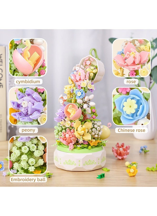 QLT Flowers Botanical Collection Music Rotating Box Building Block with Light (575 PCS) Compatible with Lego,6+ Girl's Toys