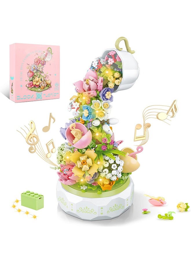 QLT Flowers Botanical Collection Music Rotating Box Building Block with Light (575 PCS) Compatible with Lego,6+ Girl's Toys