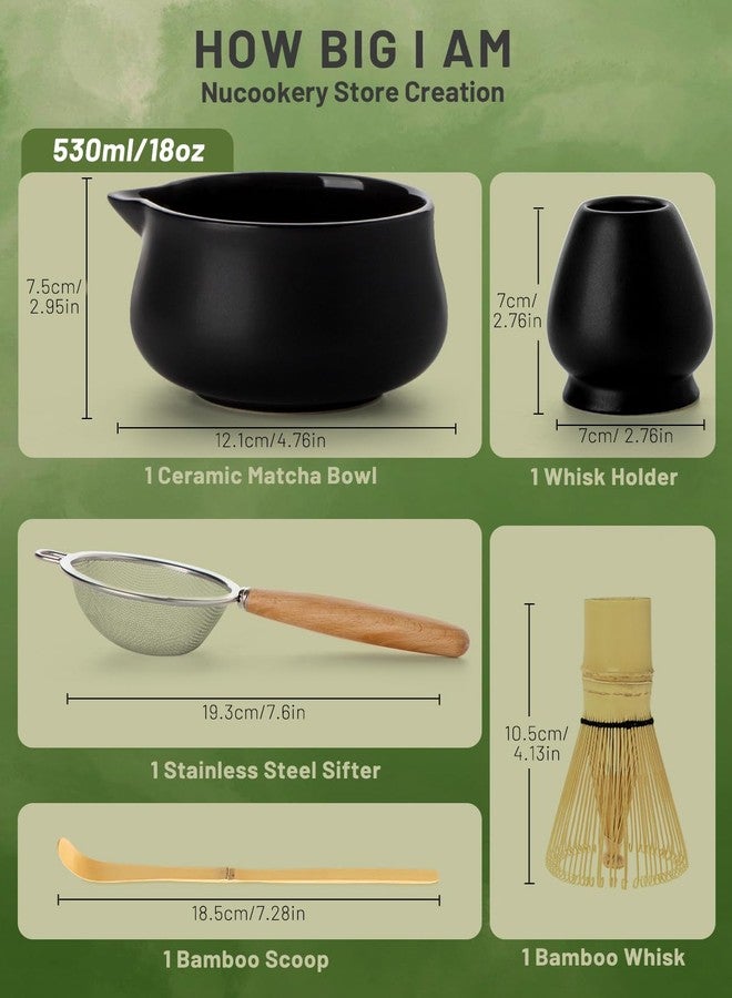 Nucookery Matcha Whisk Set - 5 Pcs Matcha Set with 18oz Ceramic Matcha Bowl (Chawan) with Spout, Bamboo Whisk & Holder, Scoop and Sifter | Complete Matcha Kit for Japanese Tea Ceremony (Black) - Image 2