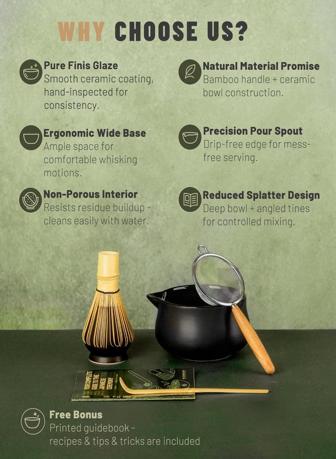 Nucookery Matcha Whisk Set - 5 Pcs Matcha Set with 18oz Ceramic Matcha Bowl (Chawan) with Spout, Bamboo Whisk & Holder, Scoop and Sifter | Complete Matcha Kit for Japanese Tea Ceremony (Black) - Image 3