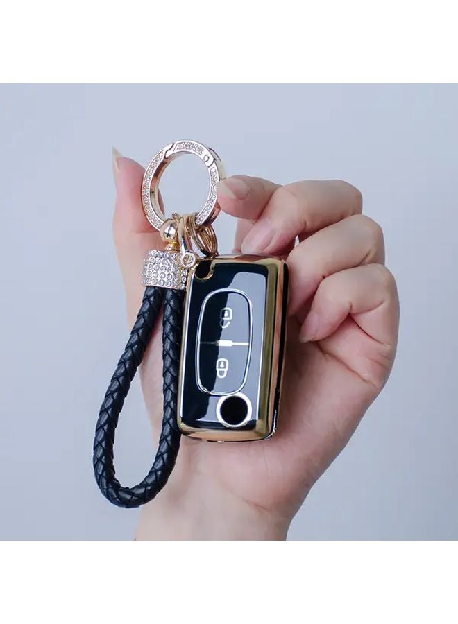Black Golden TPU Key Fob Case with Keychain for Peugeot 207 307 308 407 408 3008 5008 Citroen C2 C3 C4 C5 C6 C8 2 Button - Image 1