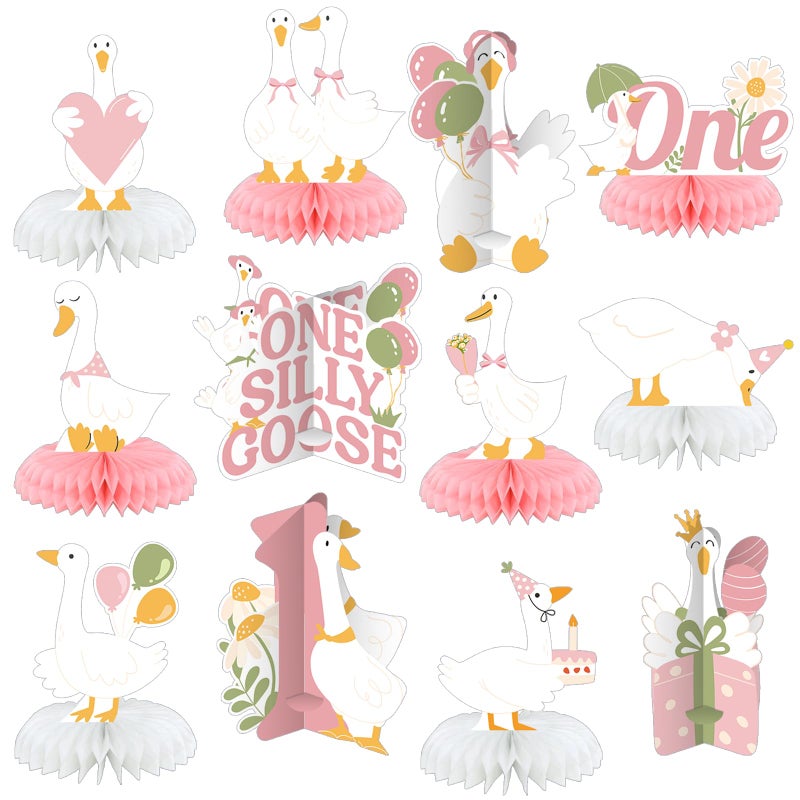 Moinchore 12 Pcs One Silly Goose Birthday Decoration Girls Honeycomb Centerpieces Pink White Silly Goose Table Decoration Cake Balloon Heart Flowers Table Topper for 1st Birthday Party Favor Supplie - Image 3