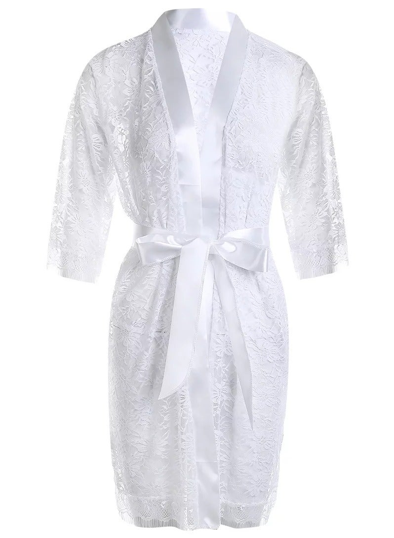 VITION Lingerie for Girl Women Underwear Lace Coat Briefs Nightwear Nightdress Mesh Maxi Loungewear Sleepwear Set (Large) White - Image 1