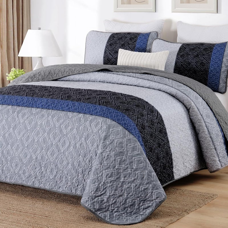 Cottolester California King Quilt Set 3 Pieces,Gray and Blue Striped Quilt Set,Boho Farmhouse Bedspread Soft Microfiber Bedding Set for All Season 112"x96" - Image 1