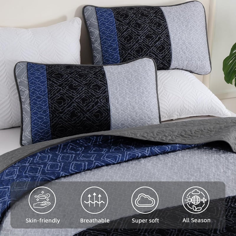Cottolester California King Quilt Set 3 Pieces,Gray and Blue Striped Quilt Set,Boho Farmhouse Bedspread Soft Microfiber Bedding Set for All Season 112"x96" - Image 3