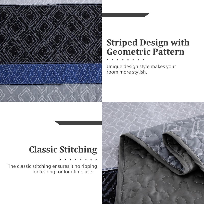 Cottolester California King Quilt Set 3 Pieces,Gray and Blue Striped Quilt Set,Boho Farmhouse Bedspread Soft Microfiber Bedding Set for All Season 112"x96" - Image 4