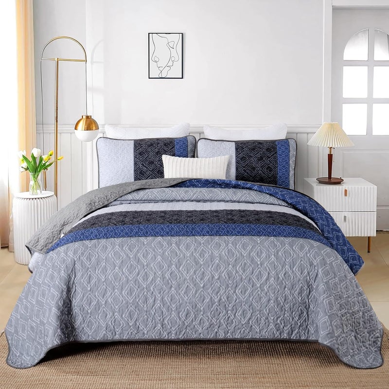 Cottolester California King Quilt Set 3 Pieces,Gray and Blue Striped Quilt Set,Boho Farmhouse Bedspread Soft Microfiber Bedding Set for All Season 112"x96" - Image 2
