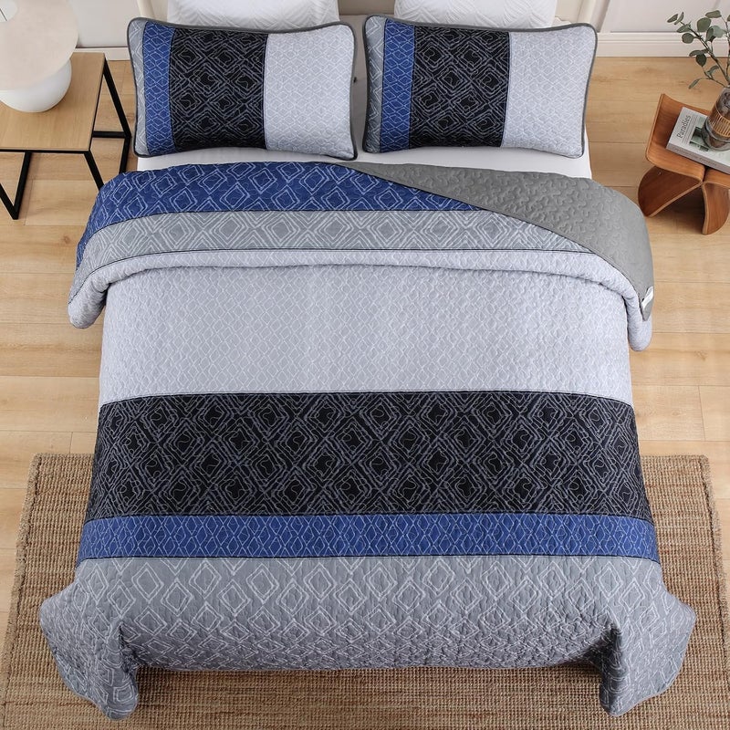 Cottolester California King Quilt Set 3 Pieces,Gray and Blue Striped Quilt Set,Boho Farmhouse Bedspread Soft Microfiber Bedding Set for All Season 112"x96" - Image 5