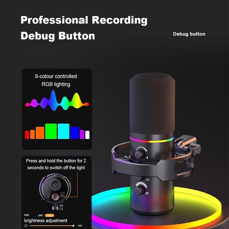 Fh XLR/USB Dynamic Microphone Kit, RGB Podcast Mic with Mute, Gain Knob, Volume Control, Boom Arm for Streaming, Gaming, Voice-Over, Recording - Image 4