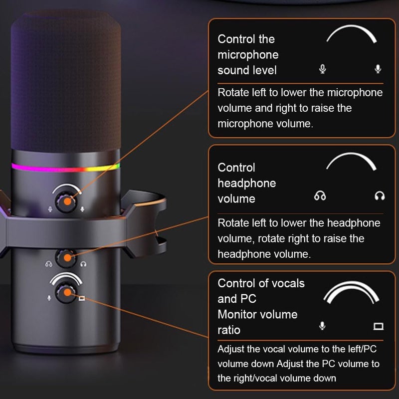 Fh XLR/USB Dynamic Microphone Kit, RGB Podcast Mic with Mute, Gain Knob, Volume Control, Boom Arm for Streaming, Gaming, Voice-Over, Recording - Image 5