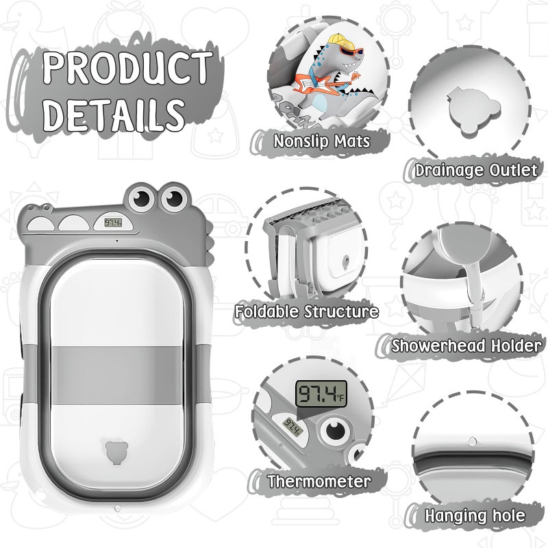 MoreFeel Collapsible Baby Bathtub for Newborn with Thermometer & 1 Hooded Towel & 1 Soft Floating Cushion,Portable Travel Bathtub with Drain Hole, Durable Foldable Baby Tubs for Infants to Toddler - Image 2