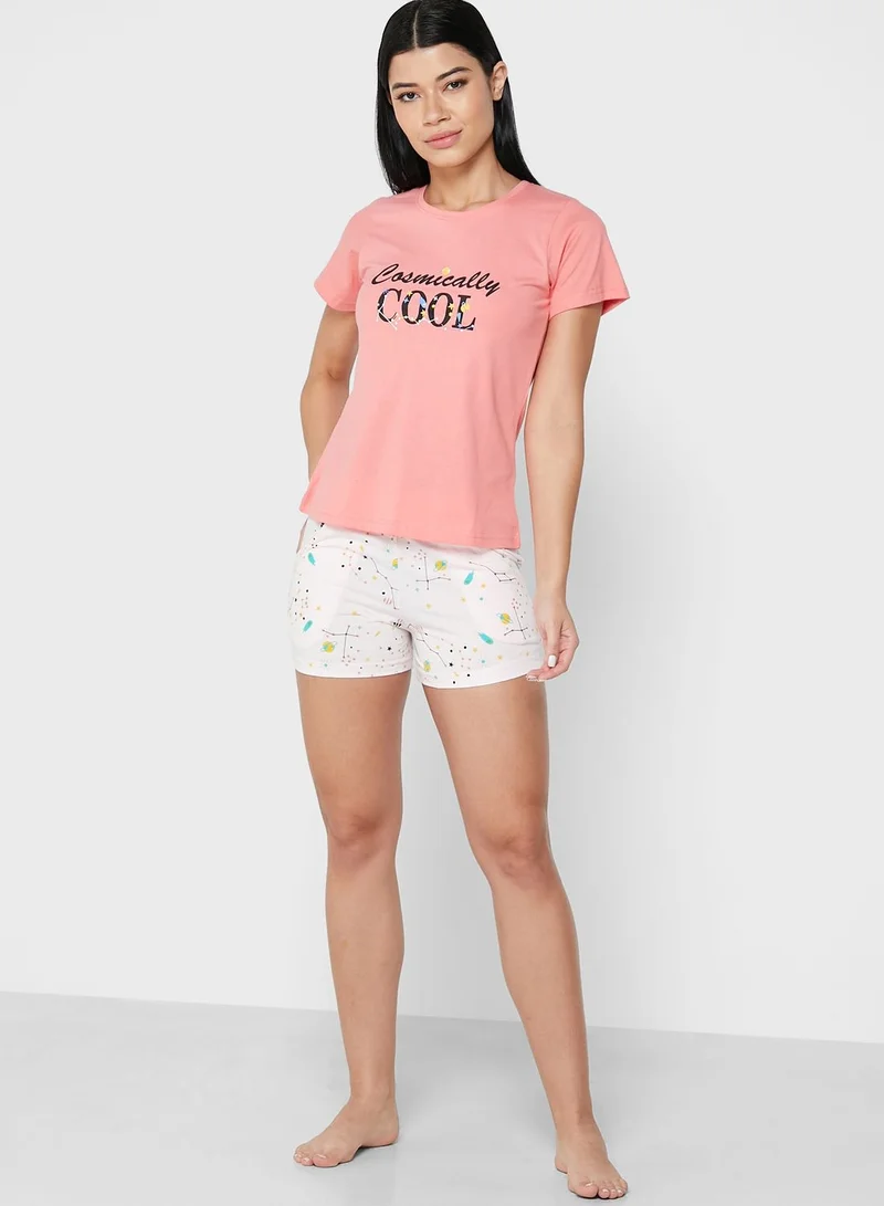 Clovia Print Me Pretty Top & Shorts Set  - Cotton Rich