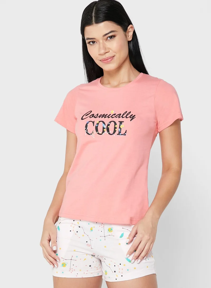 Clovia Print Me Pretty Top & Shorts Set  - Cotton Rich