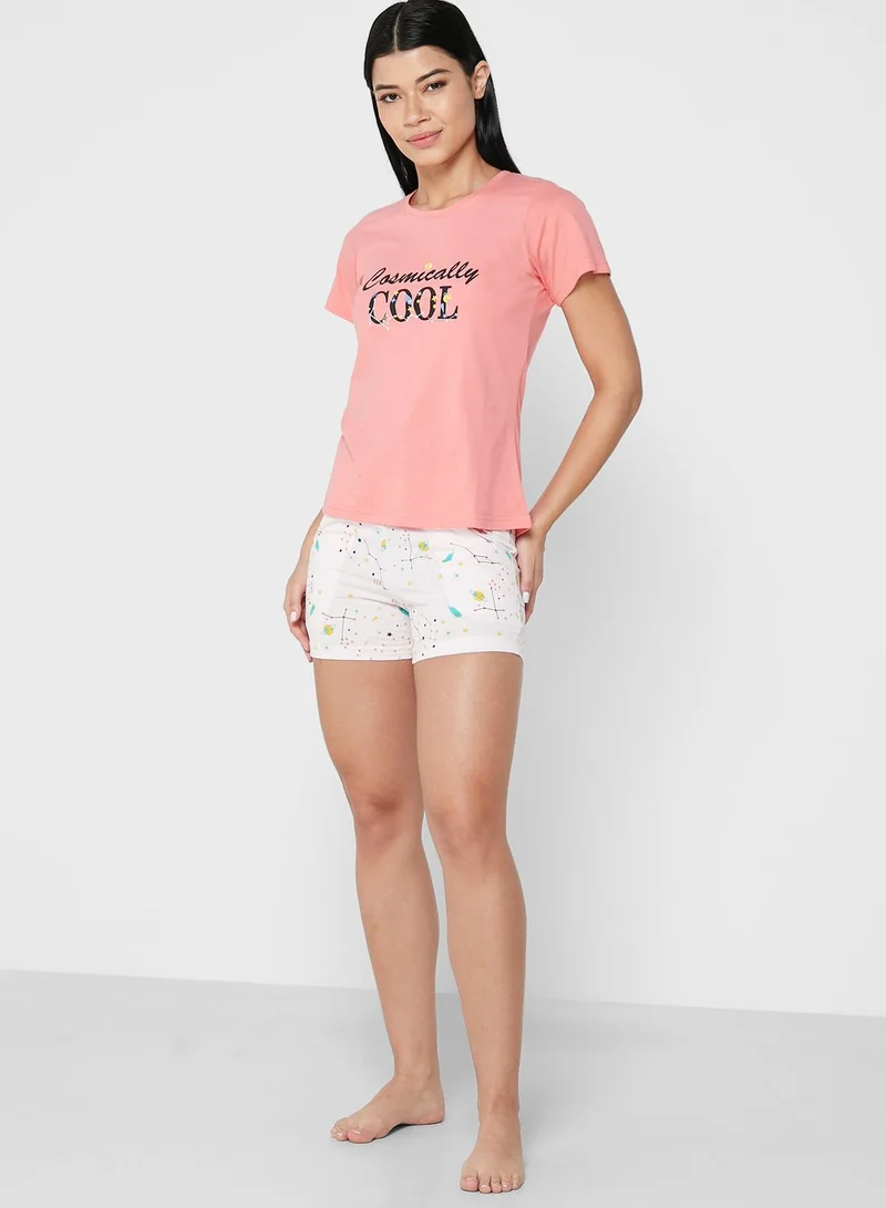 Clovia Print Me Pretty Top & Shorts Set  - Cotton Rich
