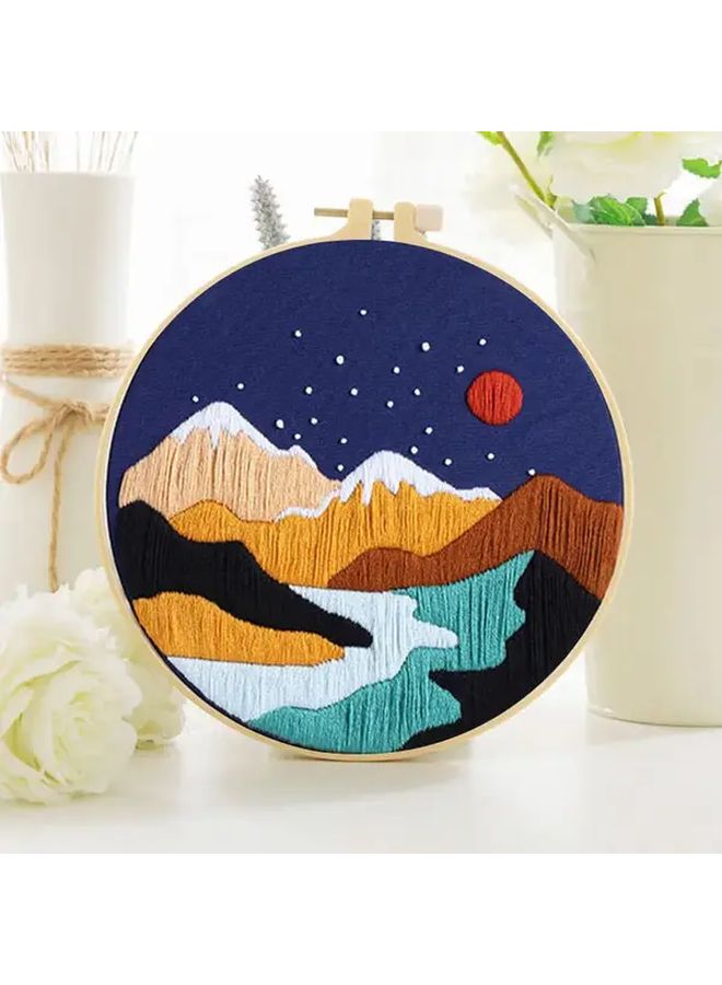 Starry Night Embroidery Starter Kit With Hoop Mountain Waterfall Design Home Decor - Image 1