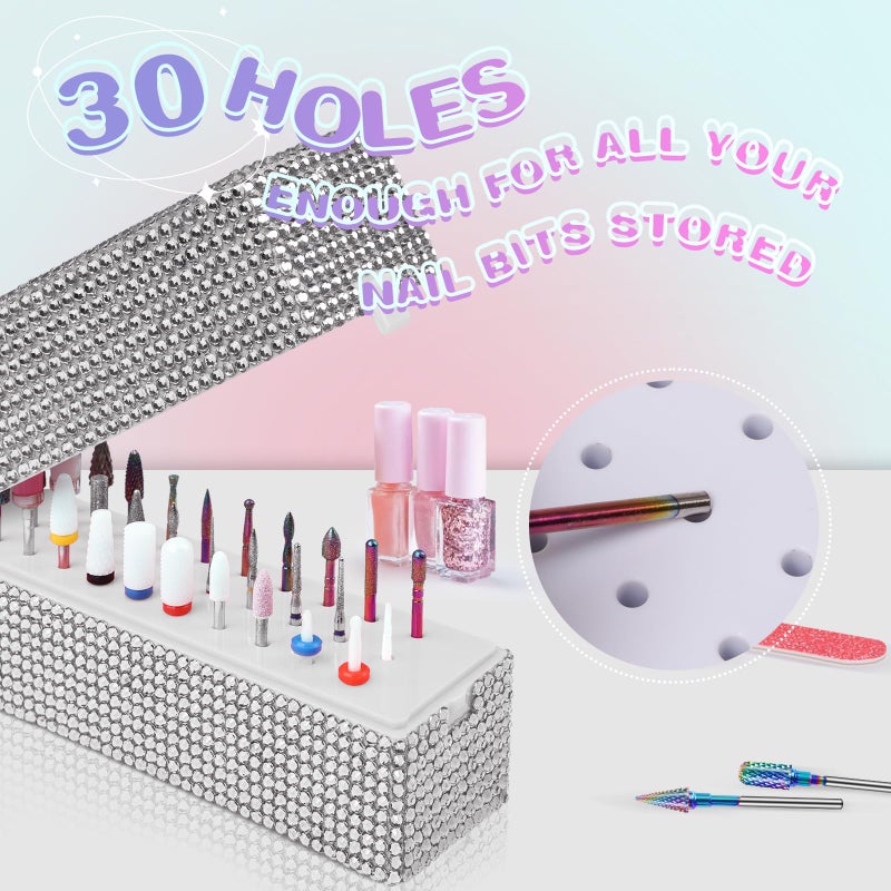 Depvko Nail Drill Bits Holder Box: 30 Holes Rhinestone Drill bit Holder Nail tech for Nail Drill bits Storage Dustproof Stand Displayer Organizer Case for Manicure Tools(Drill bits not Included) (Silver) - Image 3