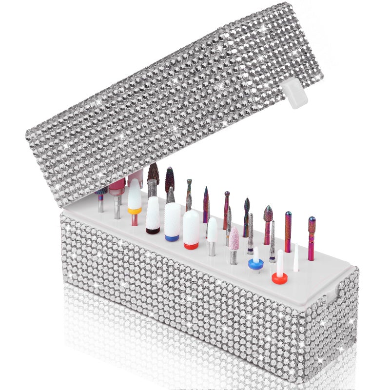 Depvko Nail Drill Bits Holder Box: 30 Holes Rhinestone Drill bit Holder Nail tech for Nail Drill bits Storage Dustproof Stand Displayer Organizer Case for Manicure Tools(Drill bits not Included) (Silver) - Image 1