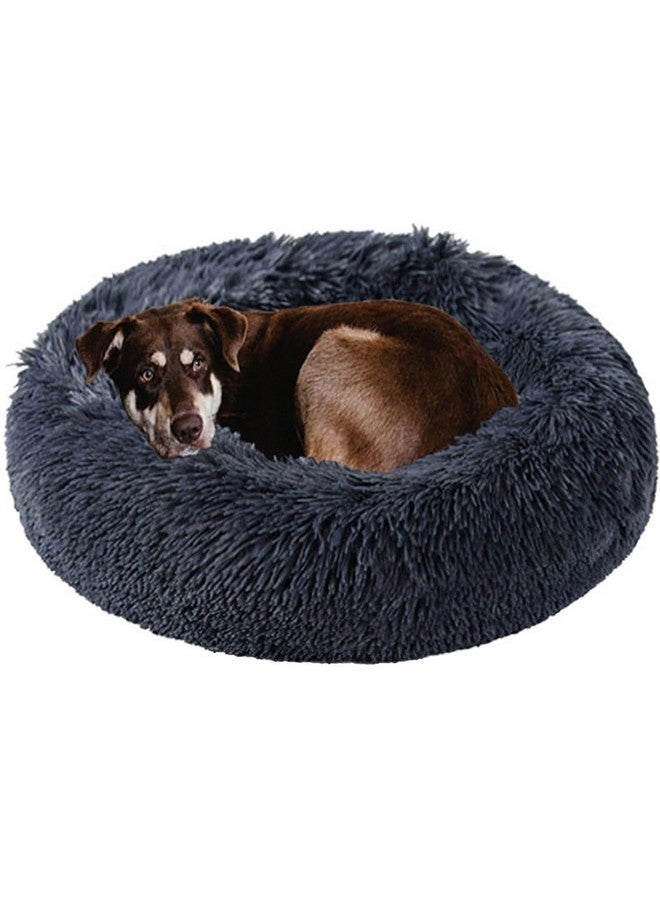 Kimpets Calming Dog Beds for Small to Large Dogs - Round Donut Washable Puppy & Cat Bed, Anti-Slip Faux Fur Fluffy Cuddle Anxiety Relief (28" Dark Grey) - Image 1