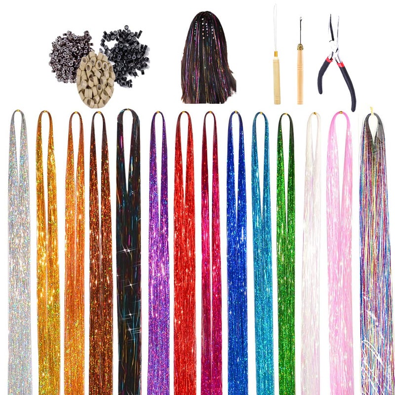 Hair Tinsel Kit 16Color 47 Inches Glitter Heat Resistant Tinsel Hair Extensions Tensile with Hair Beads Wigs Tools  Accessories Tools Gift Set for Halloween Christmas Women Girls 16 COLOR KIT