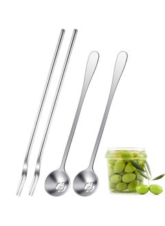 4 Pcs Pickle Fork and Olive Spoon Strainer, Stainless Steel Long Handle Pickle Fork and Olive Spoon Jars Serving Spoon and Fork Set with Drain Hole for Pickle Cucumber Arugula Caper