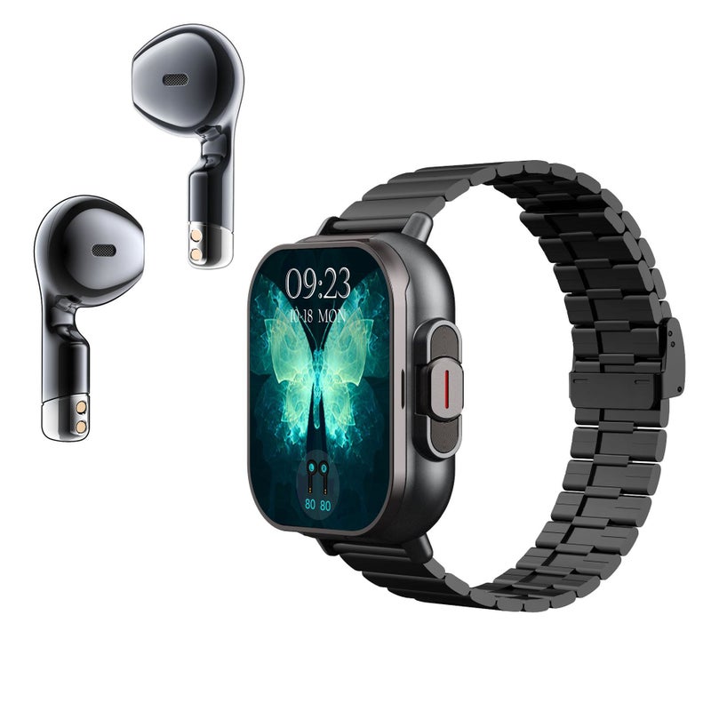 D8 Smart Watch TWS Bluetooth Earphones 2-Inch Full Screen Touch Call Heart Rate Monitor Sports Fitness Tracker Waterproof Black bamboo steel strip 