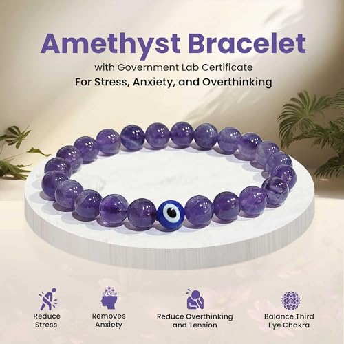 SOLAVA Original Amethyst Bracelet for Woman and Man with Evil Eye and Lab Certificate - Natural Energised Purple beads Bracelet, Evil Eye Bracelet for Protection, Healing and Mental Peace - 8MM Beads - Image 2