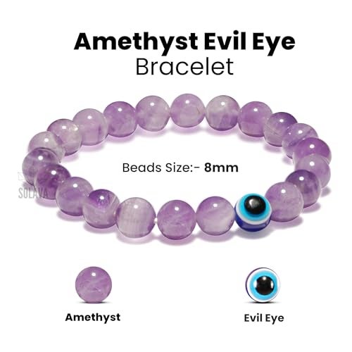 SOLAVA Original Amethyst Bracelet for Woman and Man with Evil Eye and Lab Certificate - Natural Energised Purple beads Bracelet, Evil Eye Bracelet for Protection, Healing and Mental Peace - 8MM Beads - Image 4