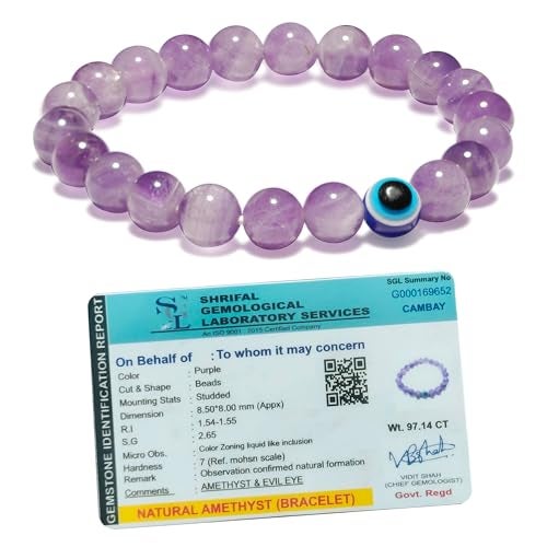 SOLAVA Original Amethyst Bracelet for Woman and Man with Evil Eye and Lab Certificate - Natural Energised Purple beads Bracelet, Evil Eye Bracelet for Protection, Healing and Mental Peace - 8MM Beads - Image 1