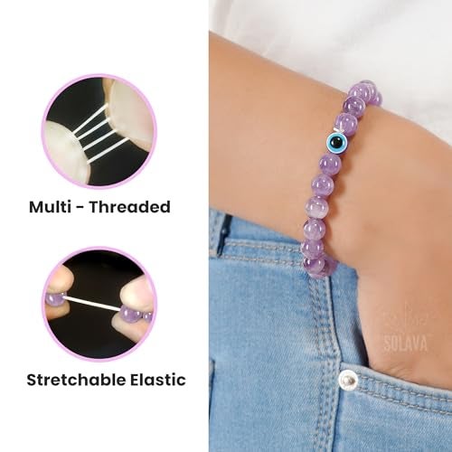 SOLAVA Original Amethyst Bracelet for Woman and Man with Evil Eye and Lab Certificate - Natural Energised Purple beads Bracelet, Evil Eye Bracelet for Protection, Healing and Mental Peace - 8MM Beads - Image 3