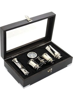 Keyfim Shop Wooden Boxed Brass Binoculars Compass and Hourglass Set 