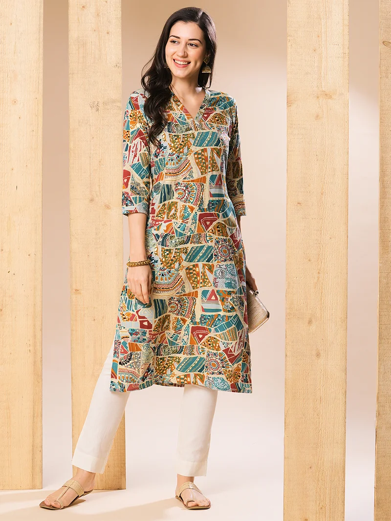 globus Women Beige & Blue Ethnic Motifs Printed Beads & Stones Straight Kurta