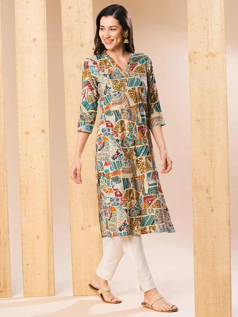 globus Women Beige & Blue Ethnic Motifs Printed Beads & Stones Straight Kurta
