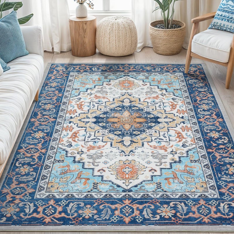 Lofus 5x7 Area Rugs for Living Room, Washable Area Rug, Rugs for Bedroom, Kitchen, Vintage Boho Carpet, Soft Non-Slip, Low Pile Large Area Rug for Office Dining Room, Floral Blue - Image 1