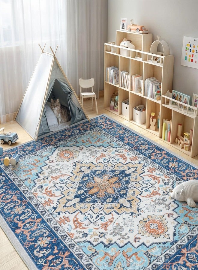 Lofus 5x7 Area Rugs for Living Room, Washable Area Rug, Rugs for Bedroom, Kitchen, Vintage Boho Carpet, Soft Non-Slip, Low Pile Large Area Rug for Office Dining Room, Floral Blue - Image 2