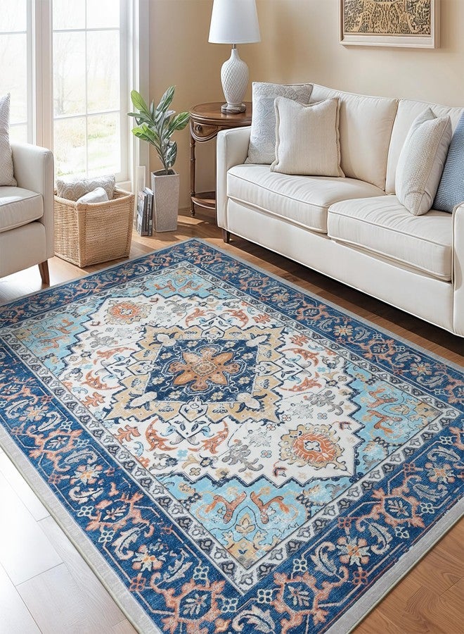 Lofus 5x7 Area Rugs for Living Room, Washable Area Rug, Rugs for Bedroom, Kitchen, Vintage Boho Carpet, Soft Non-Slip, Low Pile Large Area Rug for Office Dining Room, Floral Blue - Image 4